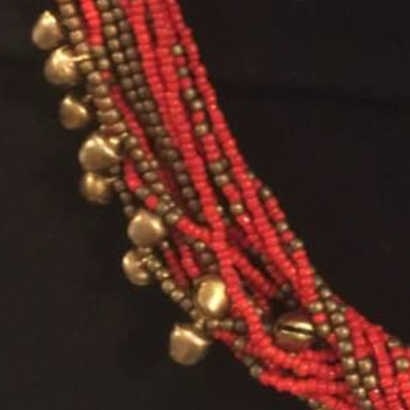 Multi-layered Orange & Gold Bead & Bell Necklace - Picture 2 of 2
